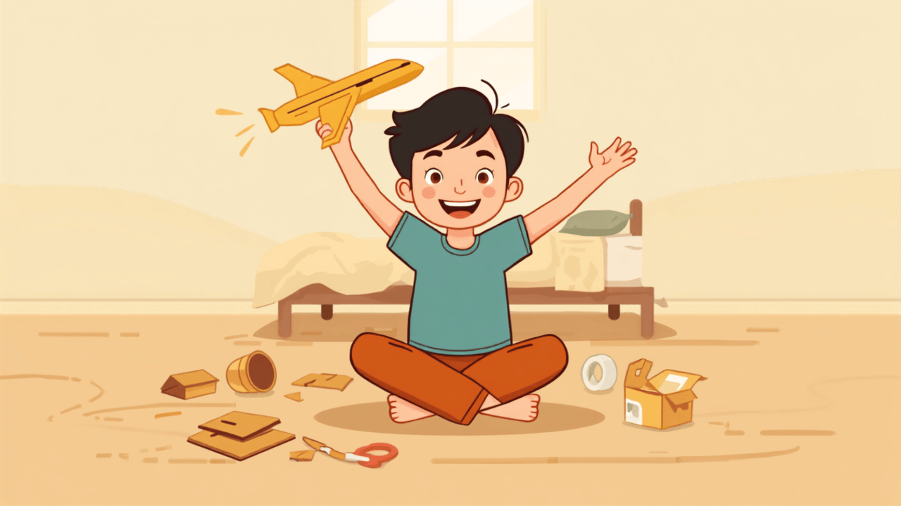 Landscape cartoon illustration of a smiling child playing with a cardboard airplane he built in his bedroom