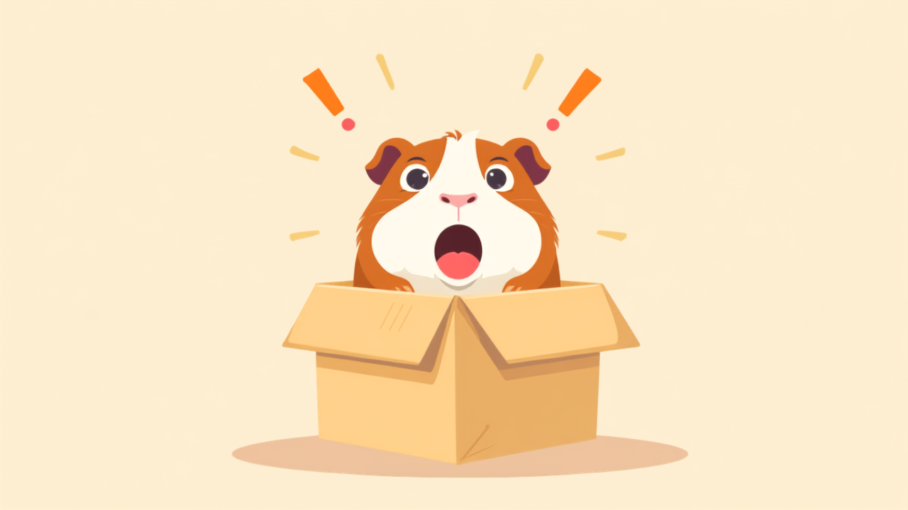 Cartoon illustration of a surprised guinea pig popping out of a cardboard cage box, representing 7 surprising things new guinea pig owners should know