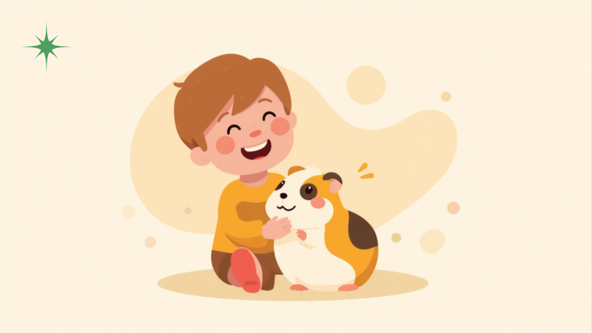 A cartoon illustration of a boy and his guinea pig bonding, both fully visible, no text