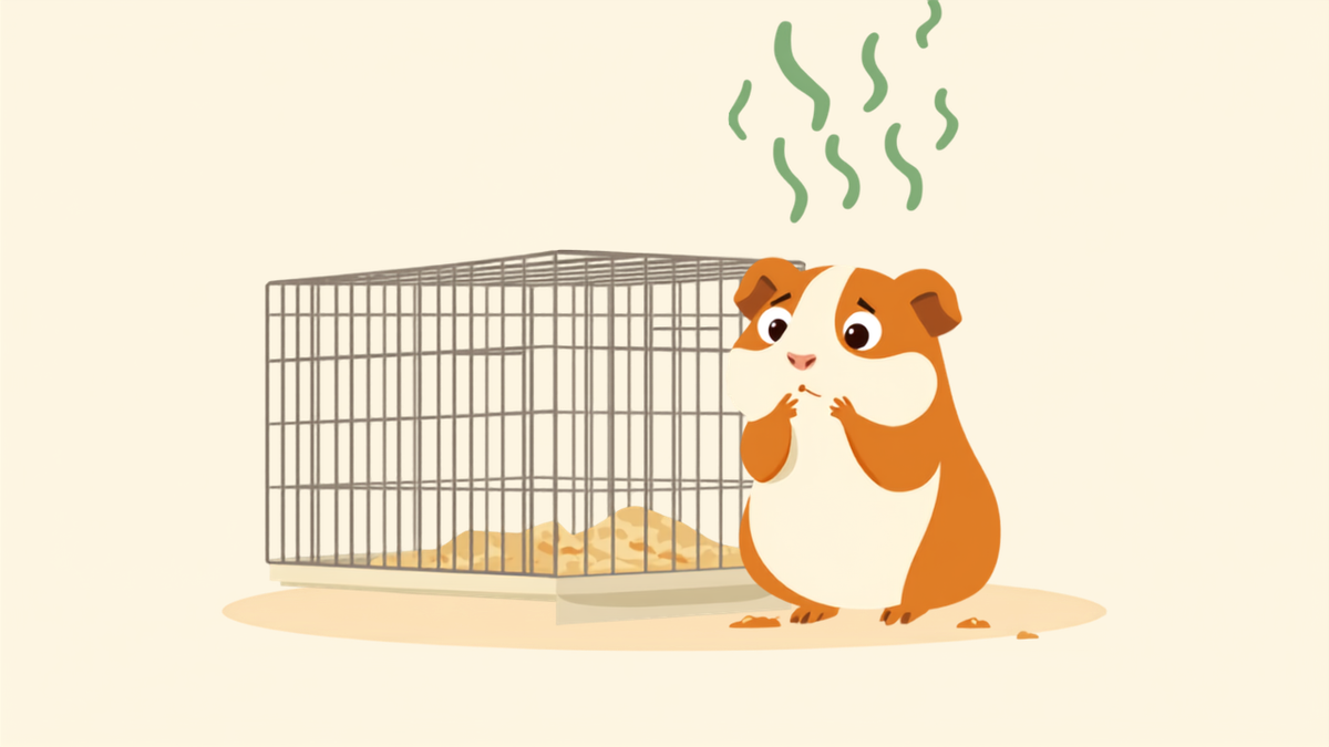 Cartoon guinea pig comically covering its nose in disgust next to a messy, stinky C&C cage