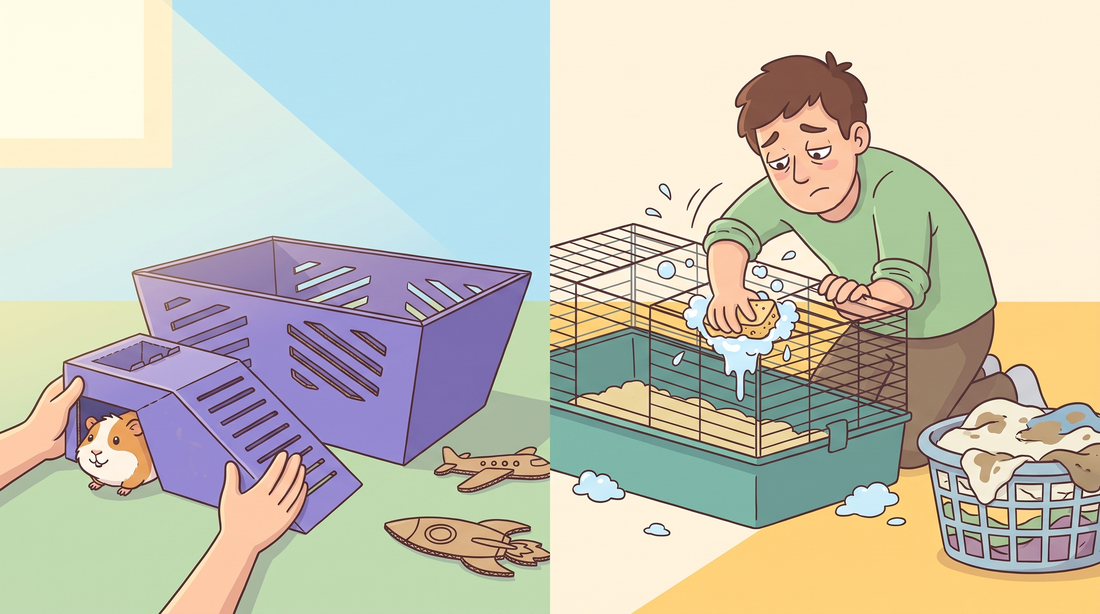 Side by side of the actual GCAGE purple space-theme cardboard guinea pig cage with airplane and rocket STEM cutouts, next to a traditional C&C cage with fleece liners